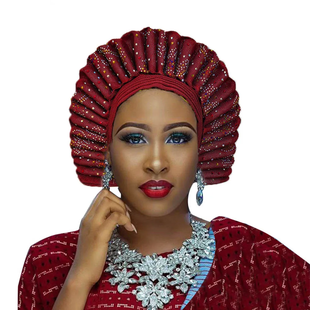 Африканский головной убор aso ebi gele для женщин aso oke головной убор gele с камнем во многих цветах - Цвет: wine