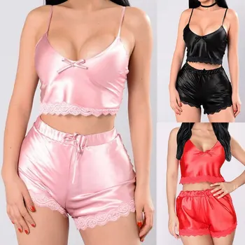 

2020 New Women Sexy Sleepwear Sleeveless Babydoll Strap Nightwear Lace Trim Satin Cami Top Pajama Party Sets Nightwear
