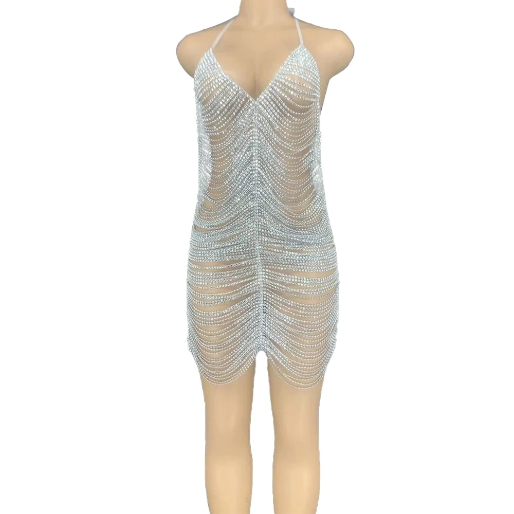 Silver Rhinestones Chains Backless Short Dresses For Women Party Dancer Hollow Outfit