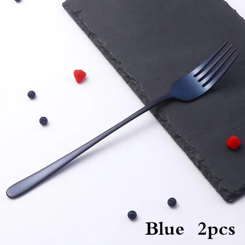 Blue 2pcs Корейская вилка для ужина из нержавеющей стали, яркая зеркальная полировка, с длинной ручкой, Десертная Вилка для десерта, салата, посуда - Цвет: Blue 2pcs