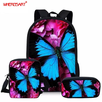 

WHEREISART 3D Pretty Butterfly Colorful Printed School Bag for Teenager Girls Kids Student Backpack with Pencil Case School Bag