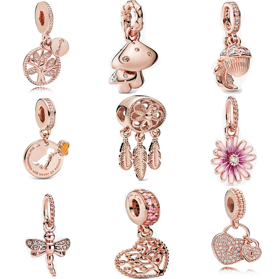 

2021 Стерлинговое Серебро 925 пробы, розовый цветок маргаритки, подвеска для браслета из розового золота, ожерелье, подвеска из розового золота, подвеска, очаровательные украшения «сделай сам»