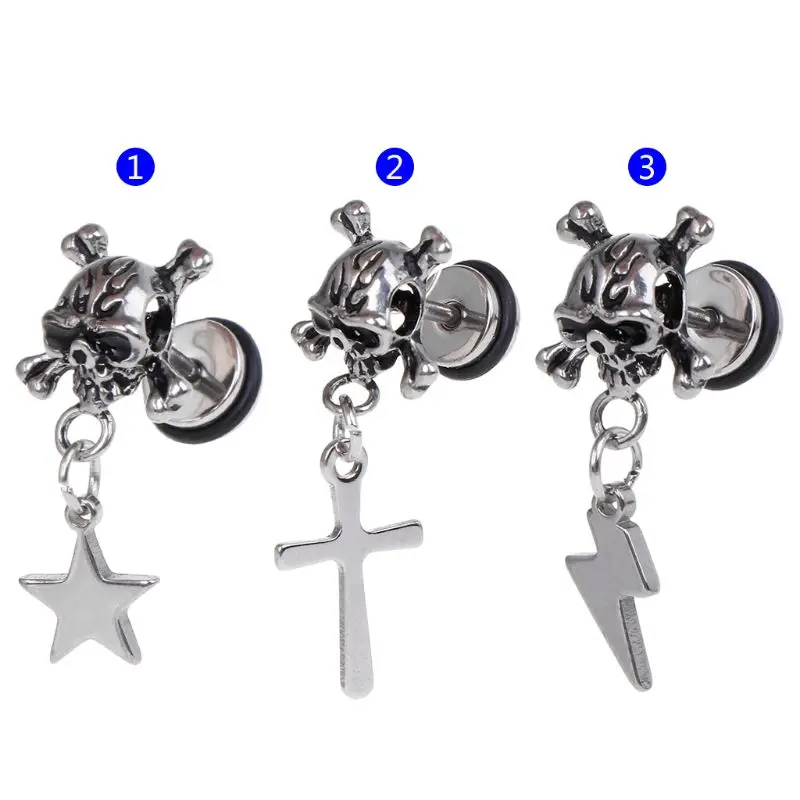 

1pc Punk Earrings Skull Head Fashion Star Lightning Cross Pendant Women Men Jewelry Charms Brincos Dangle Chain Decoration