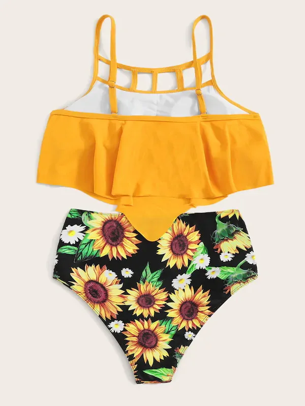 Swimwear Women Sunflower Print Ruffle Two Piece Swimsuit Female Halter Bathing Suit Beach High Waist Swimwear Banador Mujer