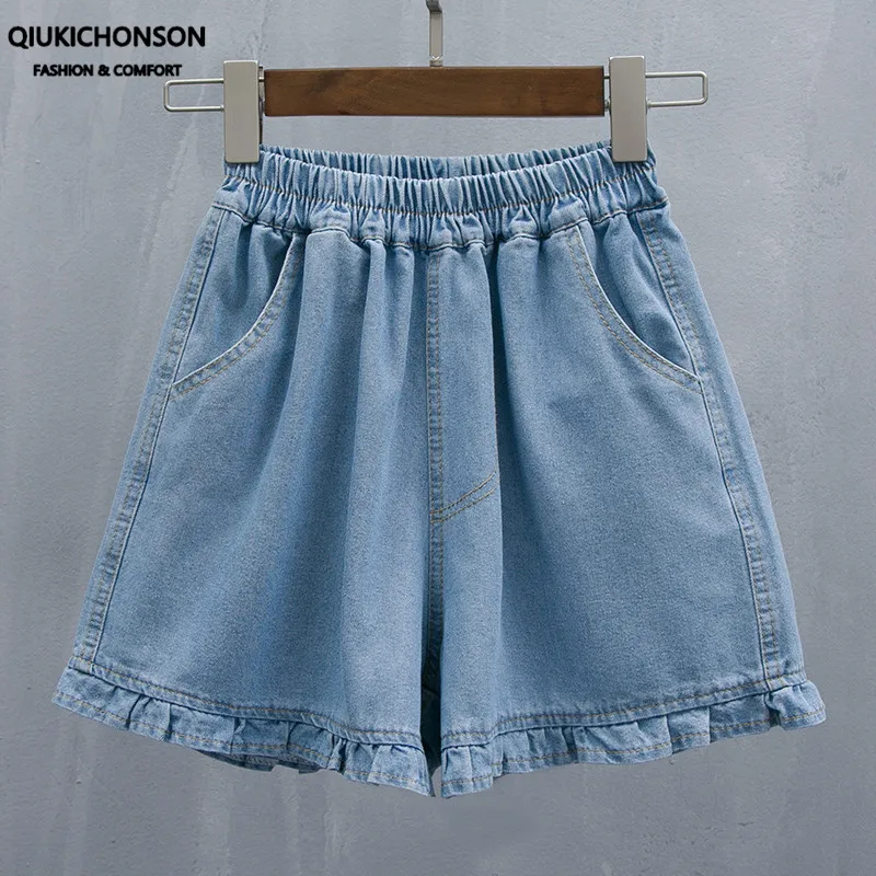 Qiukichonson 5XL Oversize Denim Shorts Women Summer Elastic Waist Cute Soft Girl Frilly Wide Leg Loose Jeans Shorts High Waist