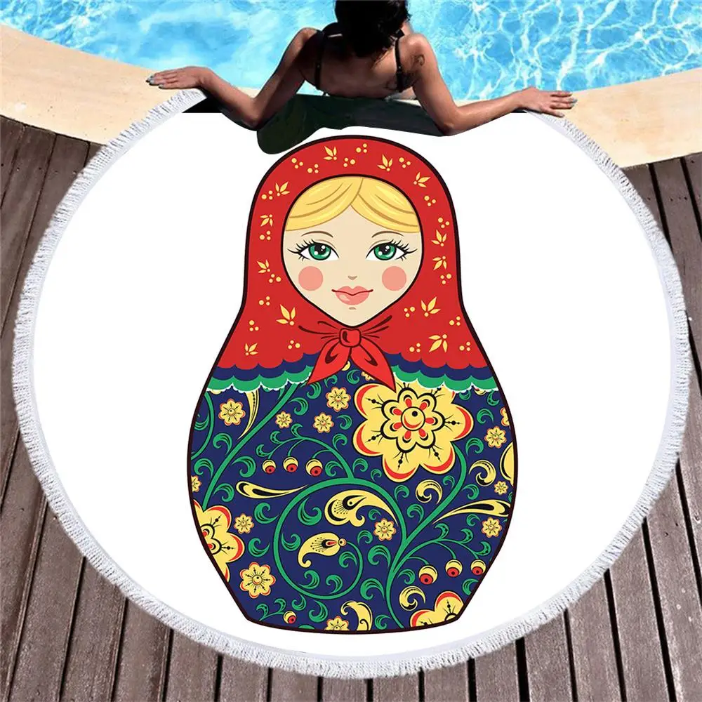 Dropshipping Baby doll Yoga Mat Matryoshka Round Beach Towel Adults Boys With Tassel Summer Bath Printed Microfiber 150cm |
