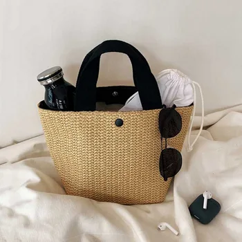 

Wrapped Beach Bag Handmade Rattan Knitted Handle Handbags Travel Totes Summer Bags For Women Beach Weaving Ladies Straw Bag