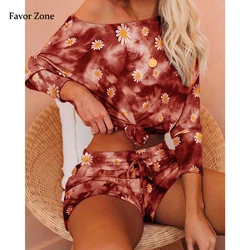 Little Daisy Print Women Outfits Slash Neck Long Sleeve Tshirt Drawstring Shorts Two Piece Sets Casual Tracksuit Women's Suits