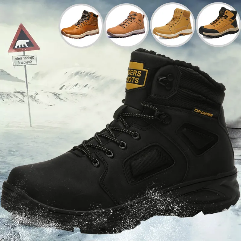 

CUNGEL Winter Warm Men Boots Genuine Leather Fur Plus Men Snow Boots Handmade Waterproof Working Ankle Boots High Top Men Shoes