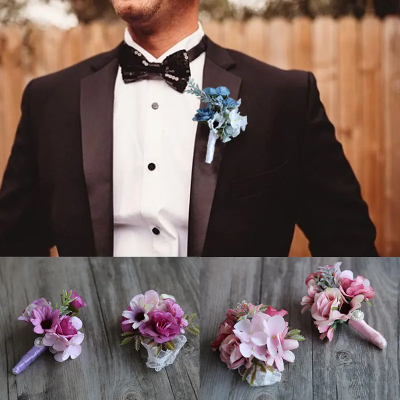 Silk Rose Flower Corsage Fashion Groom Men Boutonniere Pin Wedding Flower Decor 