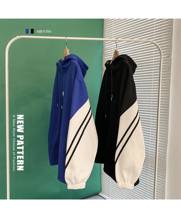 Plus Velvet Cotton Hoodies Men's Fashion Contrast Color Casual Hooded Sweatshirt Men Streetwear Loose Hip Hop Hoodie Mens