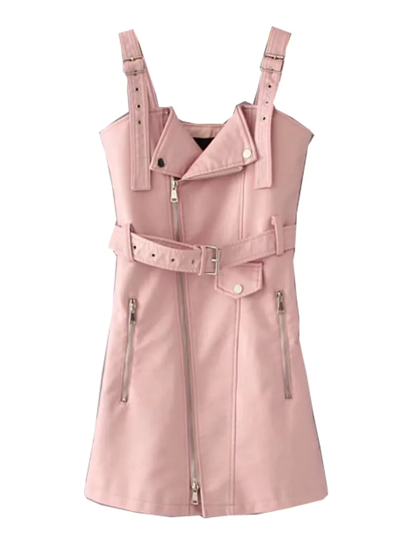 Pink Женское мини-платье из искусственной кожи, Осеннее Сексуальное Женское Платье на молнии с v-образным вырезом и ремнем, осень, сексуальное Розовое женское платье без рукавов - Цвет: Pink