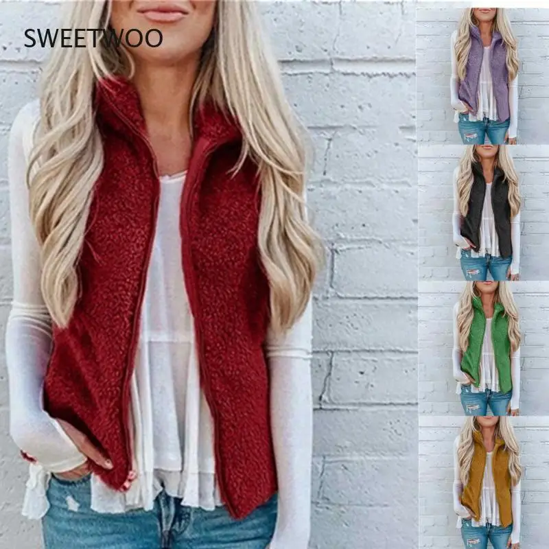 

2021 European and American New Women's Clothing Pocket Zipper Solid Color Jacket Plush Vest Vest Jacket Women