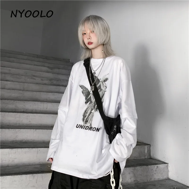 NYOOLO Harajuku стиль уличная винтажная свободная футболка с принтом ангела и буквами Топы Осенняя футболка с круглым вырезом и длинными рукавами для женщин и мужчин
