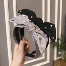 Diademas con Orejas de conejo para mujer, diademas de perlas brillantes con diamantes de imitación, diademas con nudo de dientes de cuentas sólidas, aros para el pelo, accesorios para el cabello para niña 2021