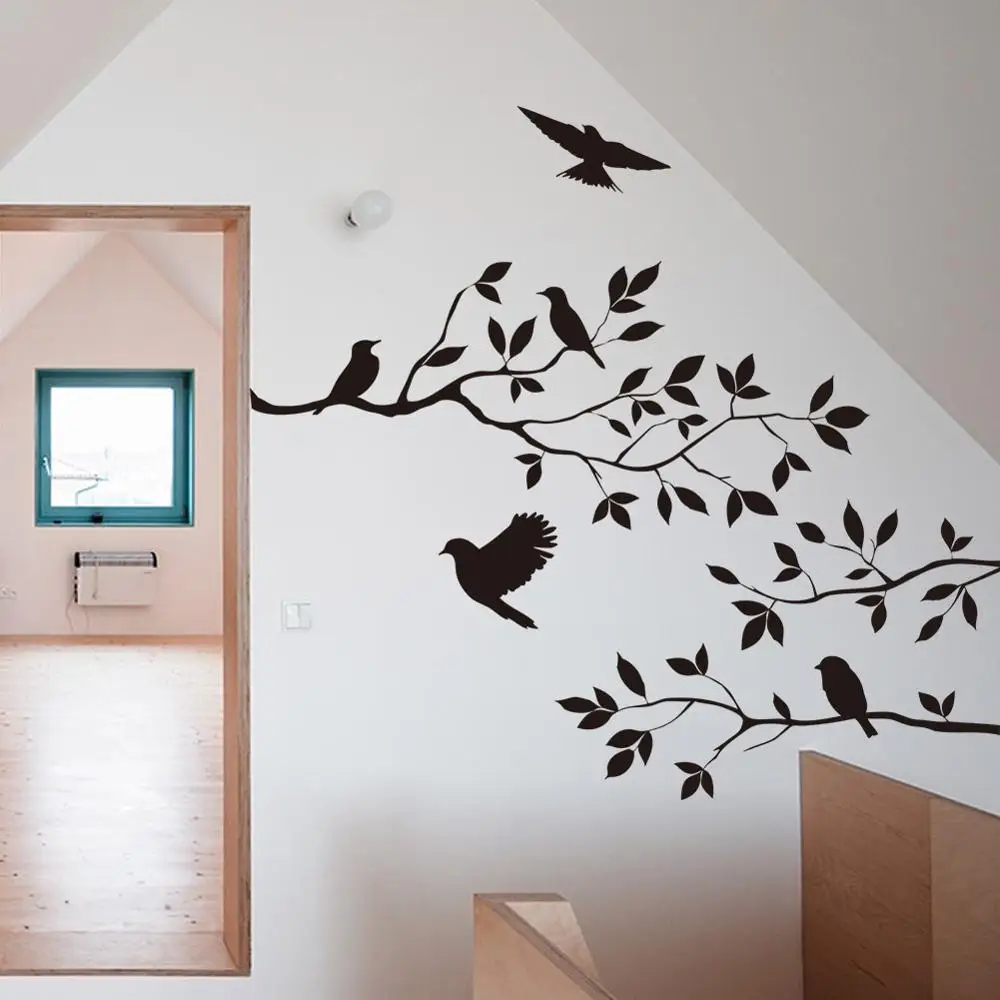 Купить декоративную наклейку. Наклейки на стену. Наклейки на стену птицы. Дерево на стене. Наклейки для декорирования стен.