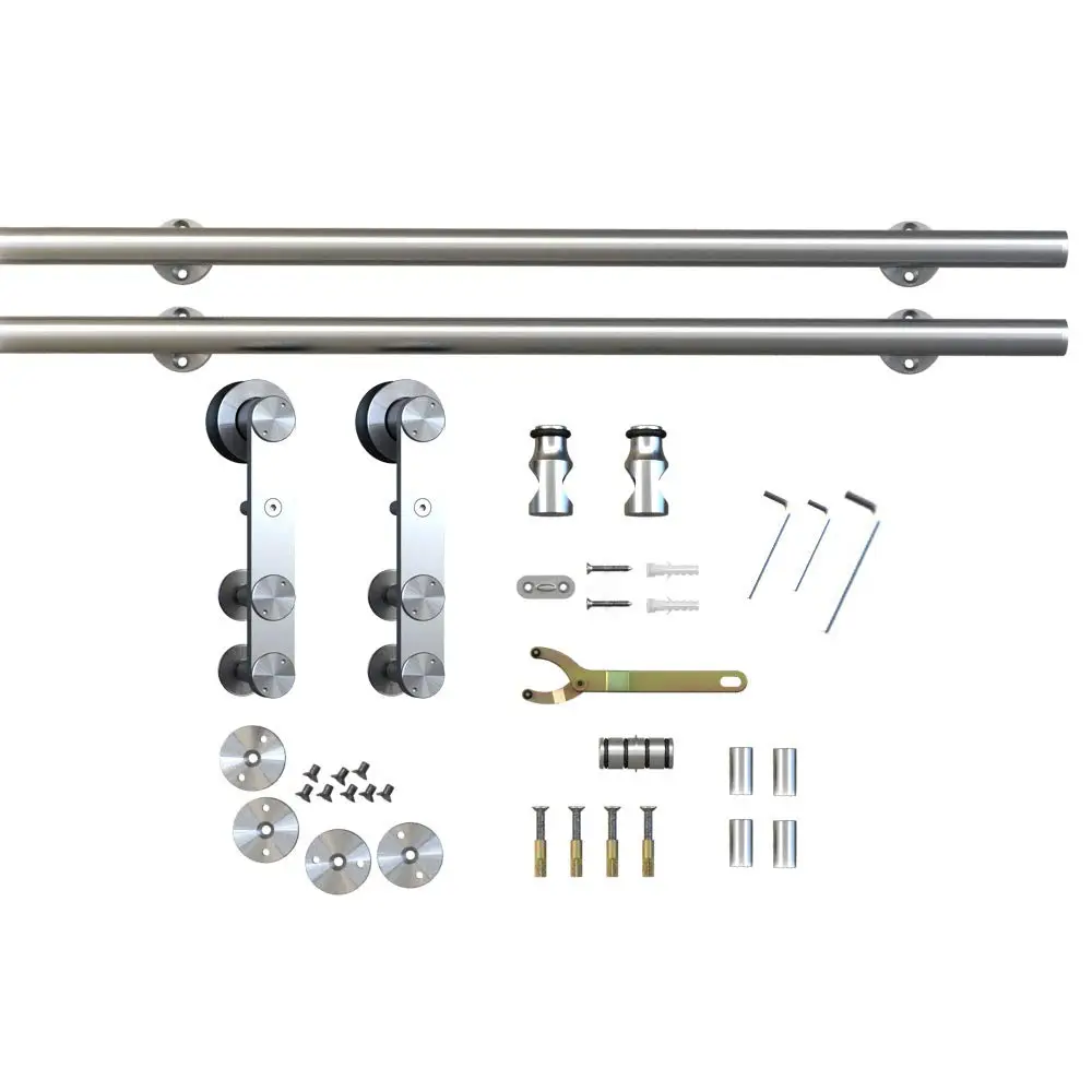 

European 6.6ft Stainless Steel Sliding Barn Door Pipe Track Set for Concrete Wall 2x3.3ft Rails