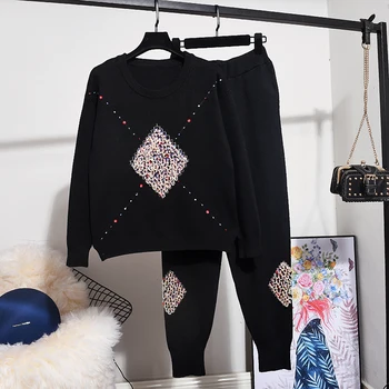 

Autumn High Quality Sequins Beading Casual Knitted Tracksuit Set Women Loose Long sleeve Sweater Pencil Pants Women Outfits Suit