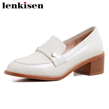 

Lenkisen casual genuine leather loafer round toe med heel slip on shoes women metal rivet simple design beauty lady pumps L35