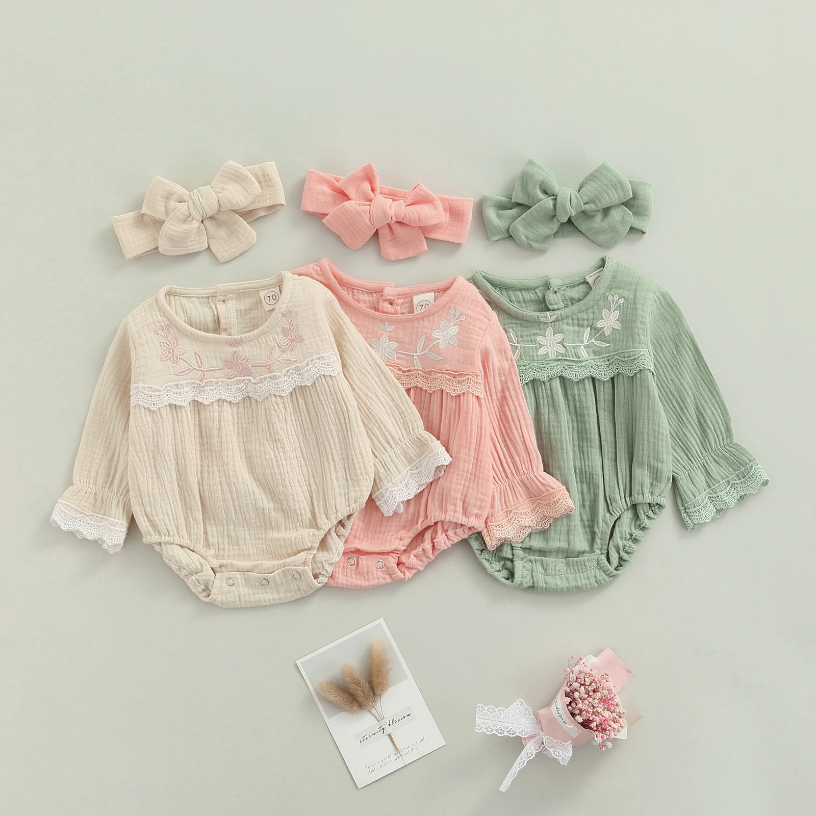 Infant Baby Girl’s Long Sleeve Romper with Headband Fashion Embroidery Round Neck Triangle Jumpsuits Cotton baby suit