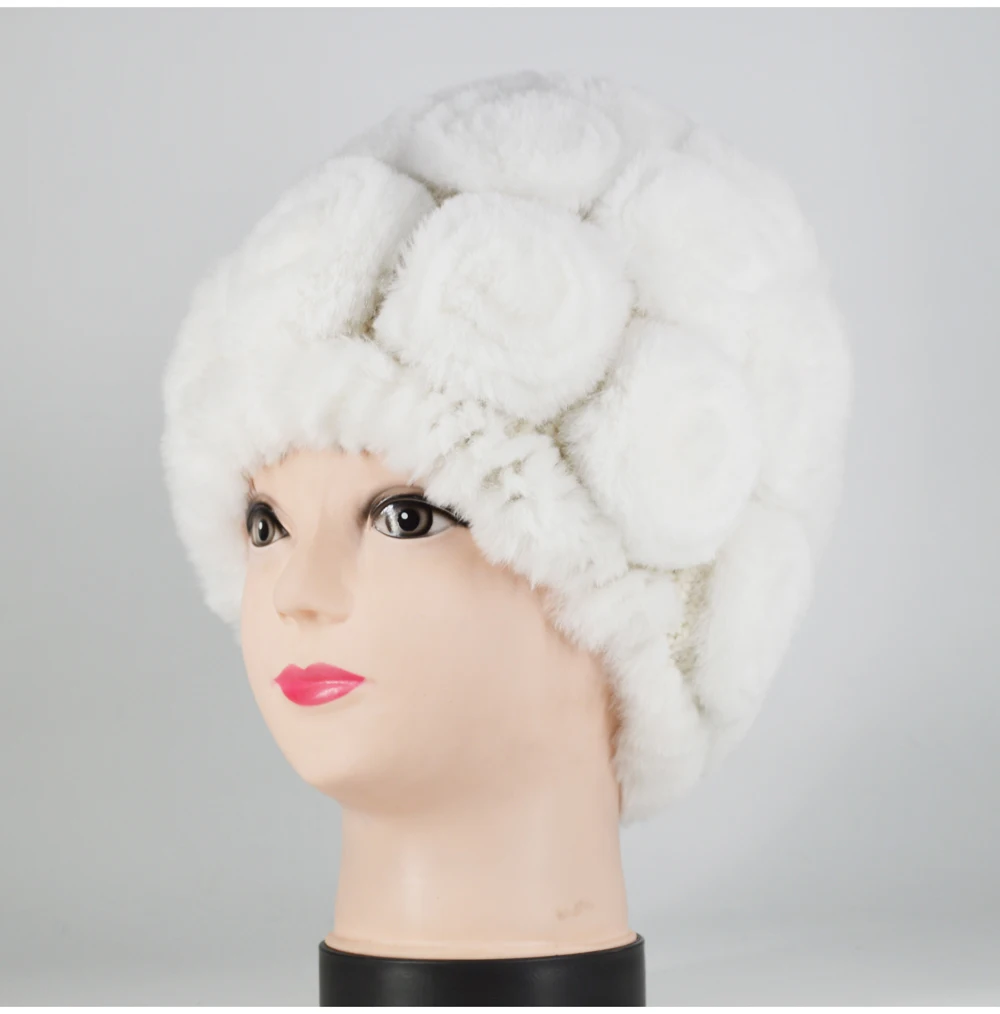 Winter Rex Rabbit Fur Hat Women Knitted Natural Rex Rabbit Fur Flowers Beanies Hats Warm Soft Real Rex Rabbit Fur Caps