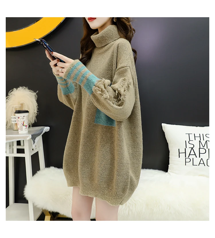 HF19507 Khaki H. SA зимний свитер и джемперы Длинные Стильные джемперы с воротником-фонариком свободные свитера Свободный пуловер Топы - Цвет: HF19507 Khaki