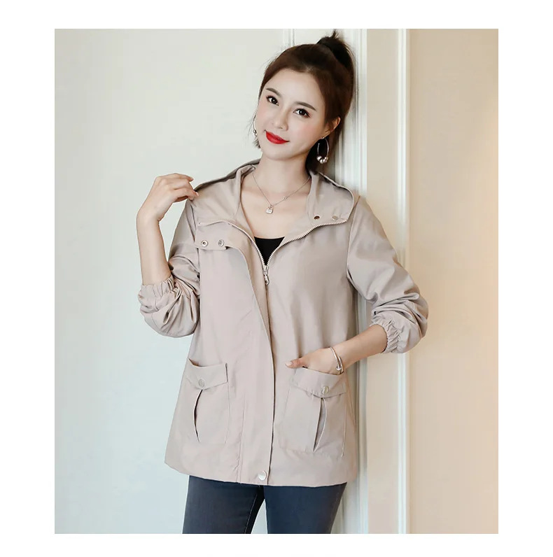 

Windbreak Solid Hooded Causal Women Coats Jackets with Long Sleeve Spring Autumn Zip Up Basic for Female