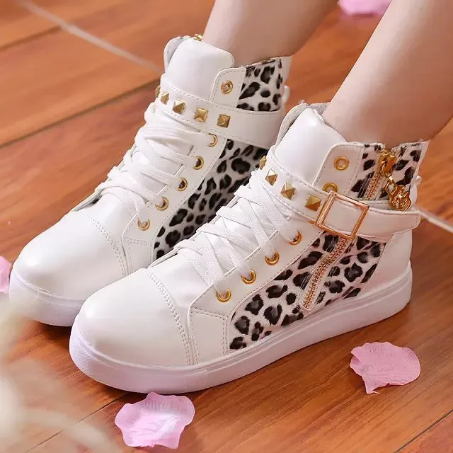 Canvas women shoes sneakers fashion zip comfortable wedge shoes woman solid white sneakers women zapatos de mujer high top - Цвет: Leopard white