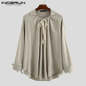 

INCERUN Fashion Men Casual Shirt Solid Chic Long Sleeve High Street Blouse Lace Up 2020 Lapel Loose Party Camisa Plus Size 5XL