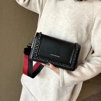 

2019 New Retro Women's Bag Shoulder Messenger Bag Chain Bag Wide Shoulder Strap Small Square Bag Women Purses and Handbags