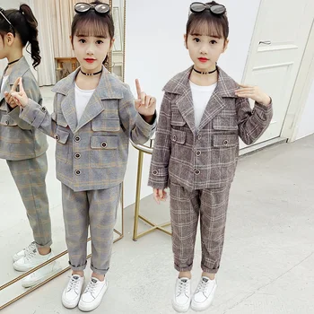 

Girls Autumn Suits 2020 School Children Clothes Lapel Plaid Two-piece Suit for Teen Girls Clothing 10 12 13 Years Kids Outfits