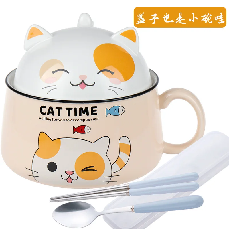 Bol à nouilles instantanées en céramique, multifonction, chat de dessin  animé, tasse avec couvercle, poignée, maison, dortoir, bureau, 450ML,  1020ML - AliExpress