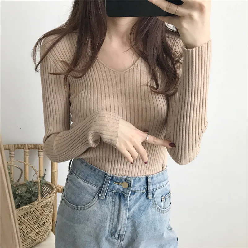 

Knitted Jacket Slim Casual Fashion Pullover Tight-fitting Low CollarV Sweater Commuter Ladies Office Clothe Spring/autumn/winter