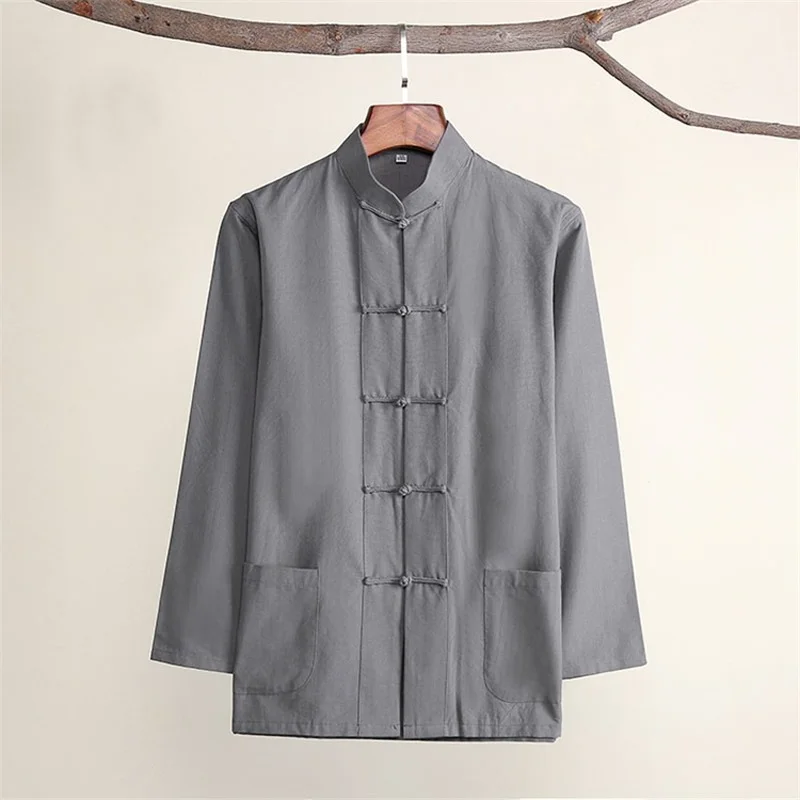 Men Hanfu Top Cotton Tang Suit Clothes Kung Fu Tai Chi Coat Blouse China Style Vintage Long Sleeve