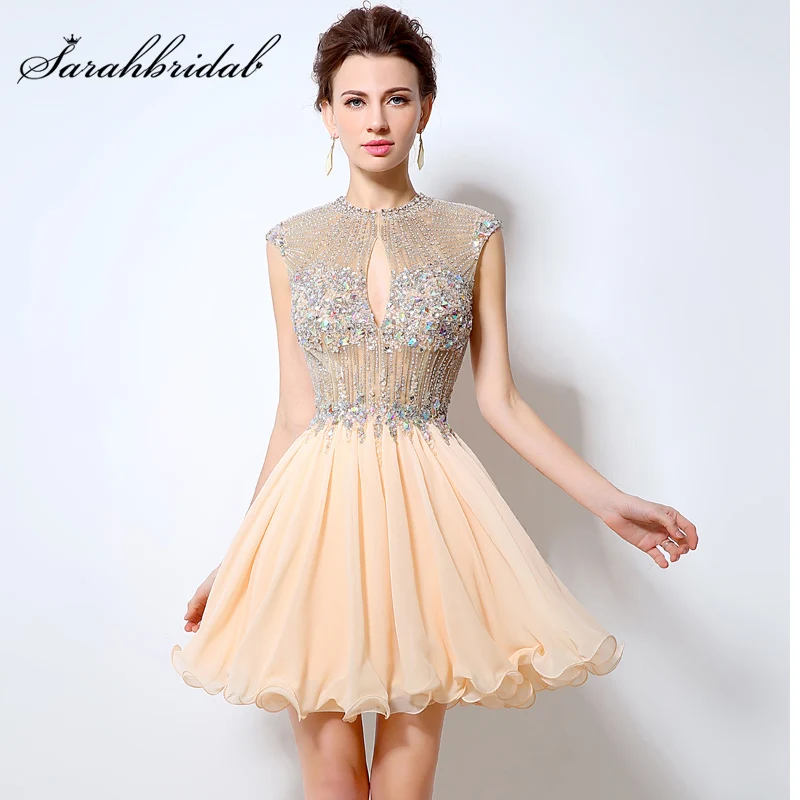 

Sexy Backless Illusion Short Homecoming Dresses 2016 Luxury Crystal Beaded Sequins Chiffon Prom Dress Party Real Photo LX012