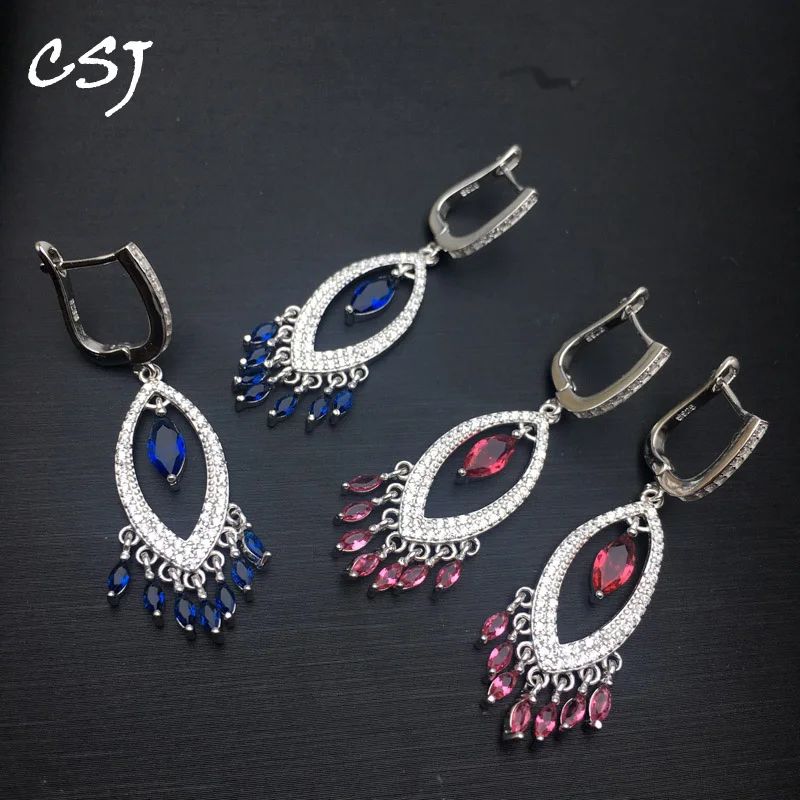 

CSJ Crystal Dangle Earring Sterling 925 Silver Created Quartz Fine Jewelry Women Wedding Party Gift