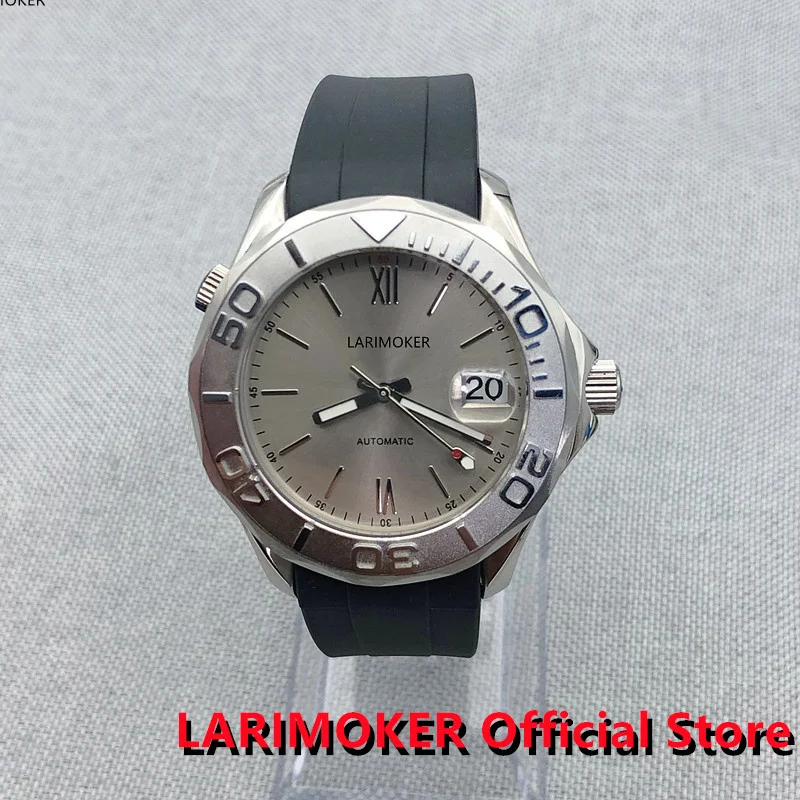 

LARIMOKER 2022 New Design 41mm Steel New Roman Numbers Japan NH35A Movement Men Watch Grey Dial Curved End Rubber Strap Luminous