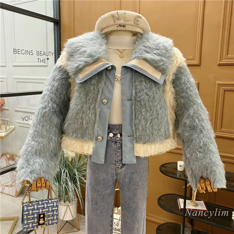 

Single-Breasted Fur Jacket Women Contrast Color Plush Thickened Warm Short Coat 2020 Autumn and Winter New Lady Street Top