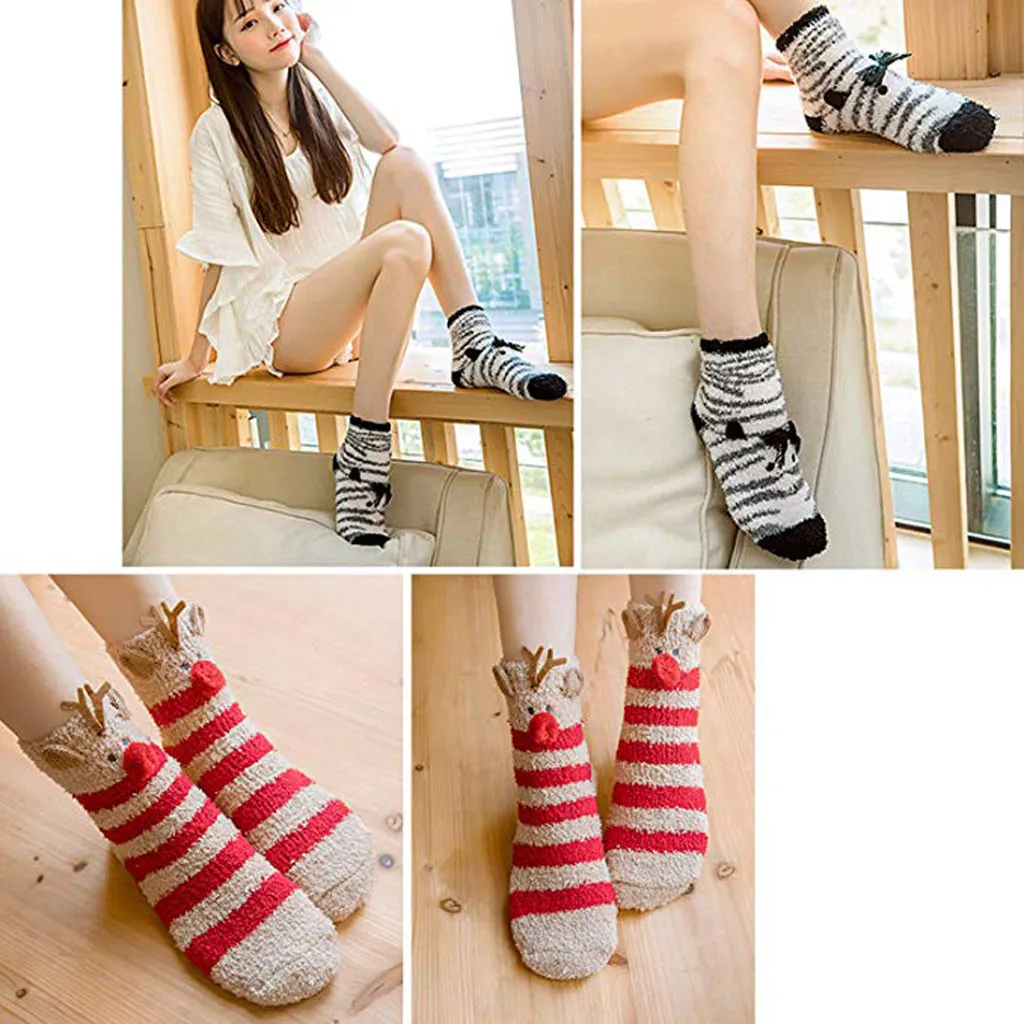 Женские пушистые носки; 3 пары теплых мягких тапочек; домашние носки для сна с животными; бархатные зимние теплые носки средней длины