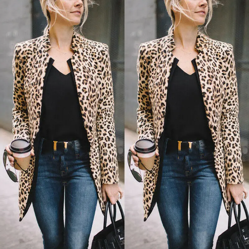 awesome  Hirigin Hot Women Wild Leopard Jacket Autumn Open Stitch Coats Top Casual Cardigan Fashion Long Sle