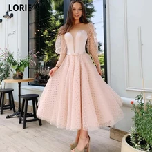 

LORIE 2022 Princess Pink Short Prom Dresses Sheer Puff Sleeves A-Line Evening Dresses Dot Tulle Tea-Length Formal Party Gowns