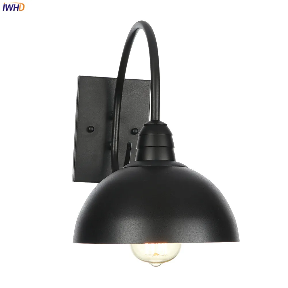 IWHD American Country Retro LED Wall Lights For Home Lighting Black Metal Bathroom Mirror Stair Light Glass Vintage Wall Lamp