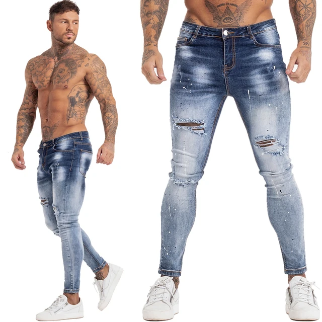 GINGTTO Jeans Men Elastic Waist Skinny Jeans Men 2020 Stretch Ripped Pants Streetwear Mens Denim Jeans Blue blue zm139