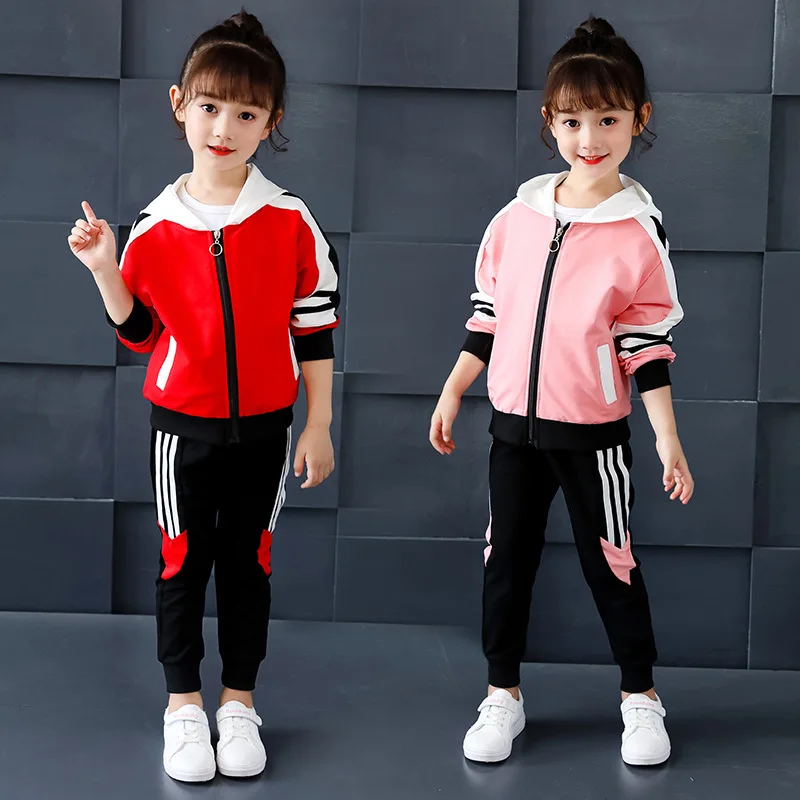 Kids Girls Sports Suit 2021 New Autumn Children's Hooded Long-Sleeved Jacket + Trousers Two-Piece Casual Student Clothing Suit