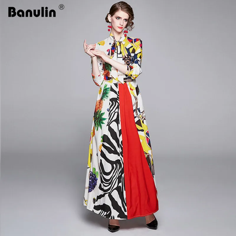 

Banulin 2019 Fashion Runway Long Sleeve Maxi Dresses Women's Turn Down Neck Sweet Fruit Floral Print Long Dress Holiday Dresses