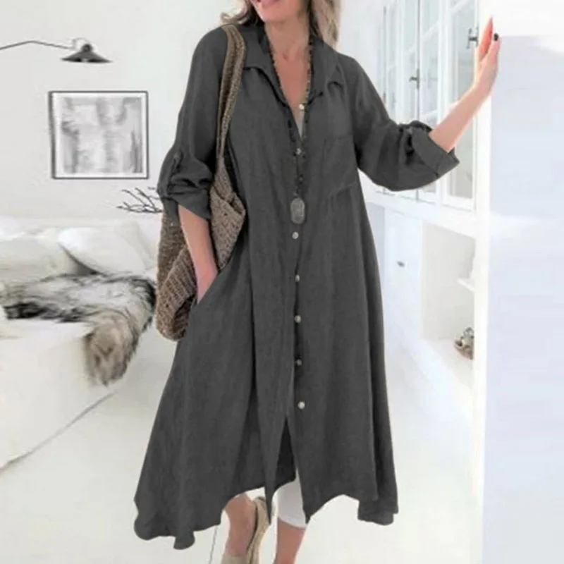 Женская Повседневная Свободная длинная рубашка, платье Vestidos Robe, однотонное женское платье-рубашка, хлопковое льняное платье с длинным рукавом на осень и весну, Vestidos