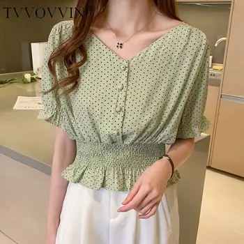 

TVVOVVIN 2020 SUMMER NEW v-neck Single-breasted casual patchwork ruffles pleated polka dot fashion shirts streetwear a303