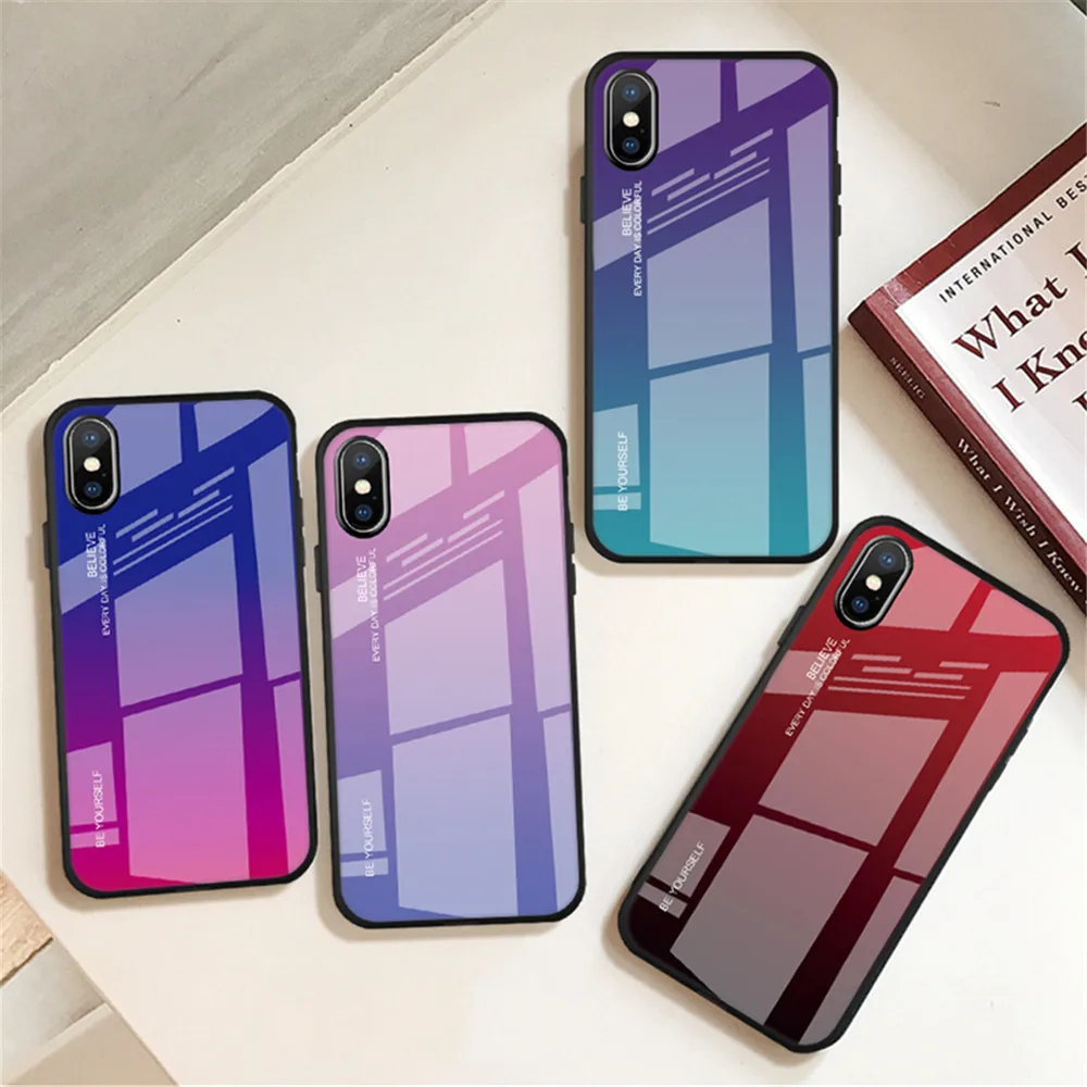 

Tempered Glass Case For iPhone XS XR 7 8 X 6 6S Plus Gradient Color Blue Ray Aurora Skin Back Cover For iPhone XS Max XS XR Case