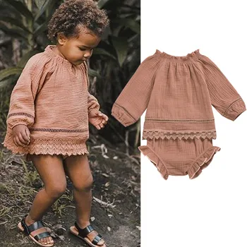

Linen Girls Clothes Long Sleeve Tops Ruffle Shorts 2PCS Toddler Girl Clothes Sets Solid Baby Clothing Girls Boutique Outfits 2T