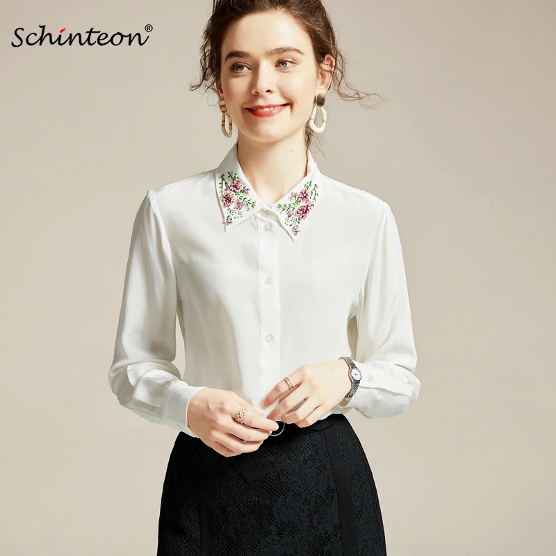 Schinteon Весенняя женская блуза из натурального шелка с длинным рукавом, украшенная бусинами и отложным воротником, блузки с принтом, офисные женские тонкие рубашки